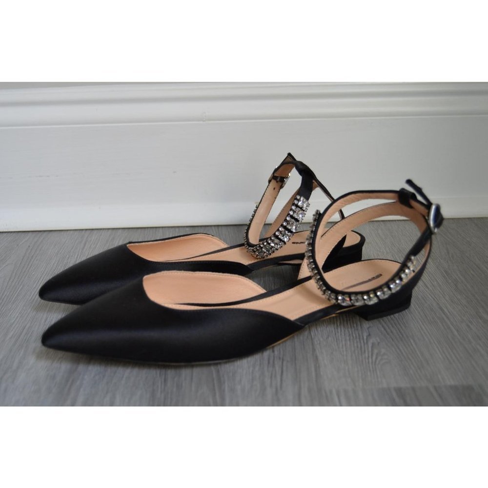JCrew $198 Satin Jeweled Ankle-Strap Flats Sz 6.5 Black F8479 Shoes Jewels NEW - Picture 1 of 3